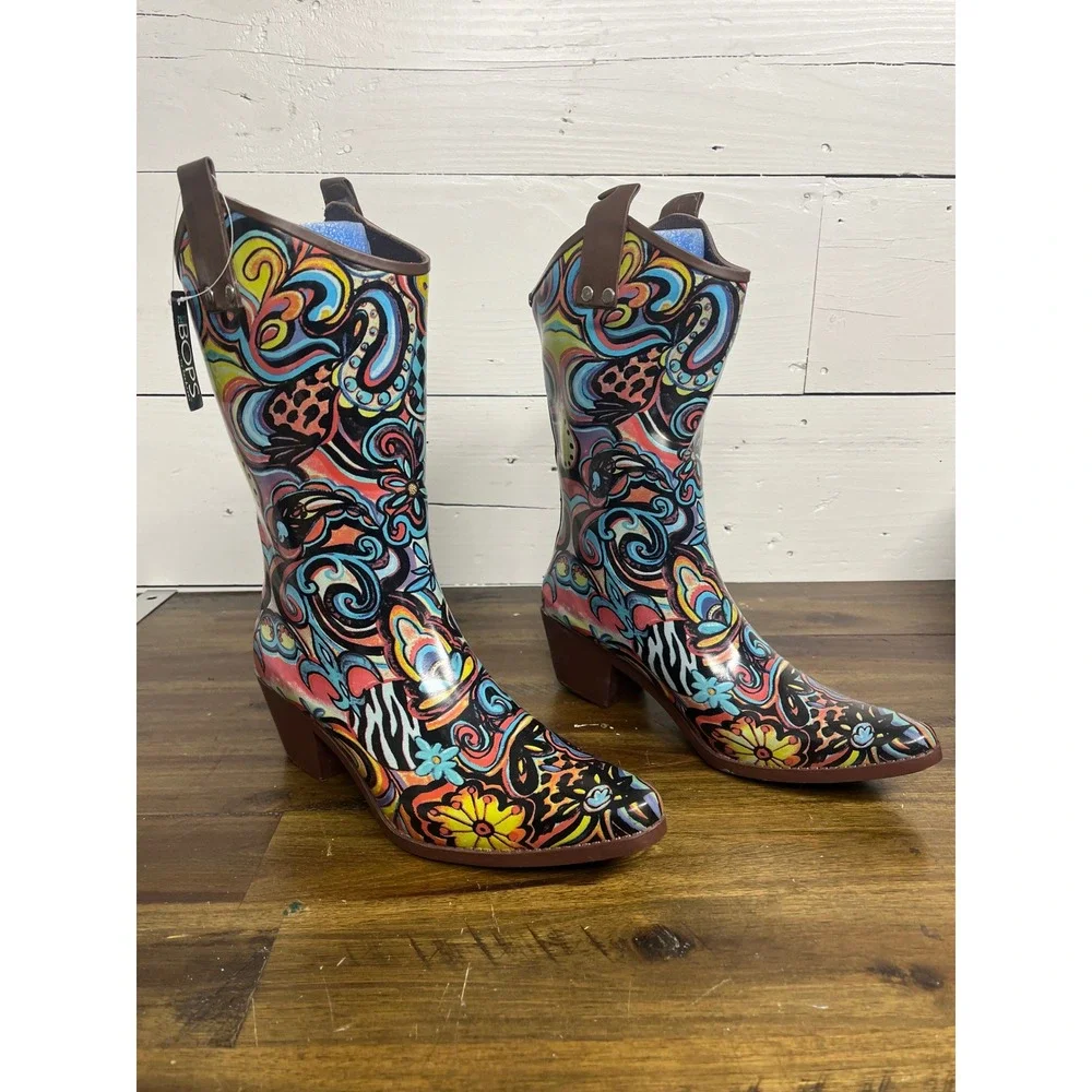 BOPS by Beehive RAIN12 Western Rain Boots‎ Psychedelic Paisley Floral Womens 8